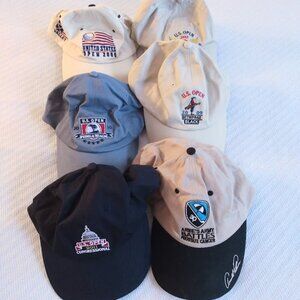 Lot of 6 Golf Hats/Caps Strap Back Beige/Blue USGA Pebble Beach Arnold Palmer